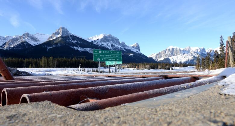 A cattle guard, which is known as a Texas Gate in Alberta, is installed near Three Sisters Parkway in Canmore Alta.