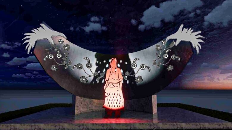 A drawing shows a monument depicting the figure of a woman wearing a jingle dress with a shawl spread out like wings behind her.