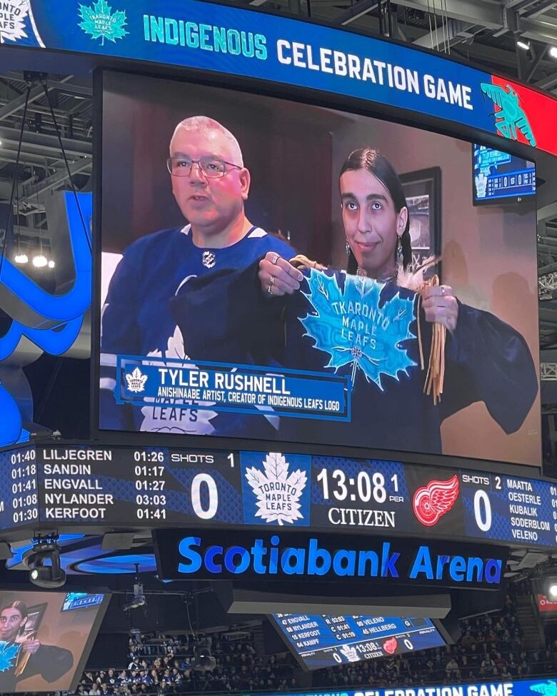 Tyler Tabobondung Rushnell an Indigenous artist, holds a Toronto Maple Leafs jersey he helped design in his hands on Saturday Dec. 7 in Toronto Ont. 