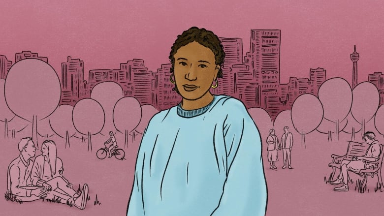 An illustration of a woman in a blue top against a pink stylized background of a city skyline. A man and woman in the foreground are sitting close together on the ground.