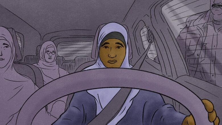 An illustration of three Hijabi women sitting in a car as a man approaches the vehicle.