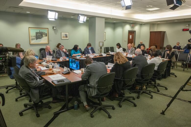 A group of people sitting around a rectangular table.