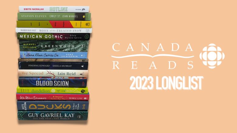 A stack of 15 books against a peach background with the Canada Reads logo floating behind it.