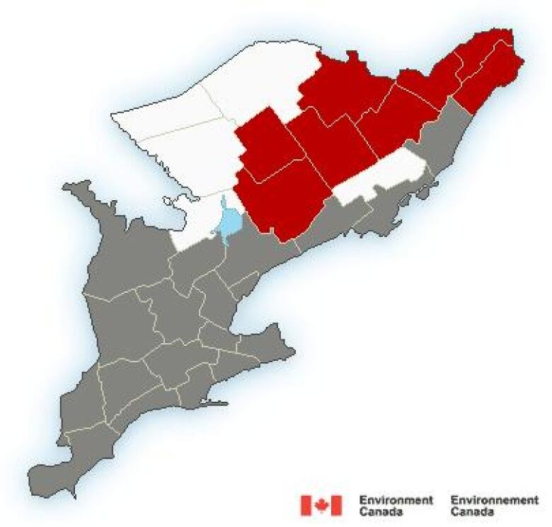 A map of southern Ontario with colour-coded alerts by region.