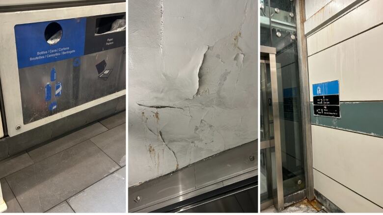 Three photos show different locations where water damage or leaks can be seen at Parliament station in Ottawa. In one photo, water pools along the wall of the east-bound platform, in another paint cracks on a wall and in the third photo rust and water marks stain the wall next to an elevator. 