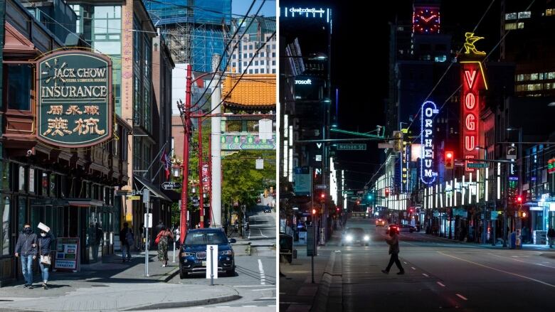 A composite picture. On the left, two people walk past 'Jack Chow Insurance' with the Chinatown gate visible. On the right, a person walks past neon signs on a downtown street.