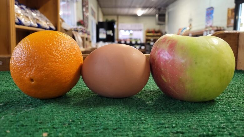 A massive egg sits between an orange and an apple.