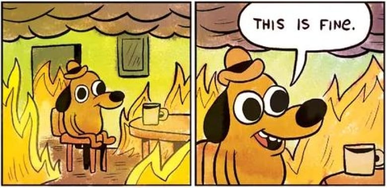 Two comic panels show a yellow dog in a hat sitting at a table drinking coffee while flames grow around him. In the second panel, he says: 