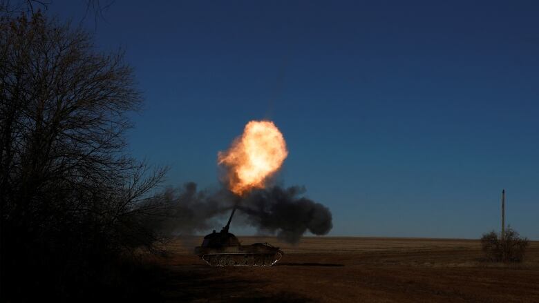 A howitzer is fired in a field at night. 