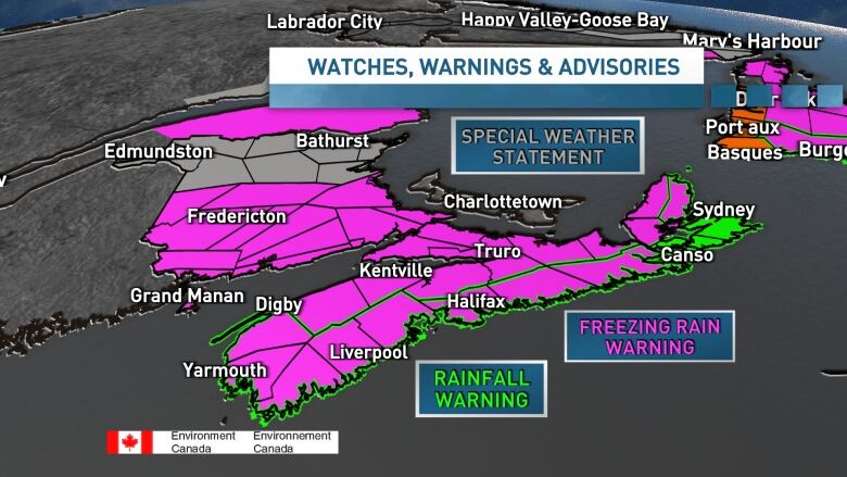 A graphic featuring a map of Nova Scotia uses different colours to show the different weather warnings in place in the province for Sunday, Jan. 15, 2023.