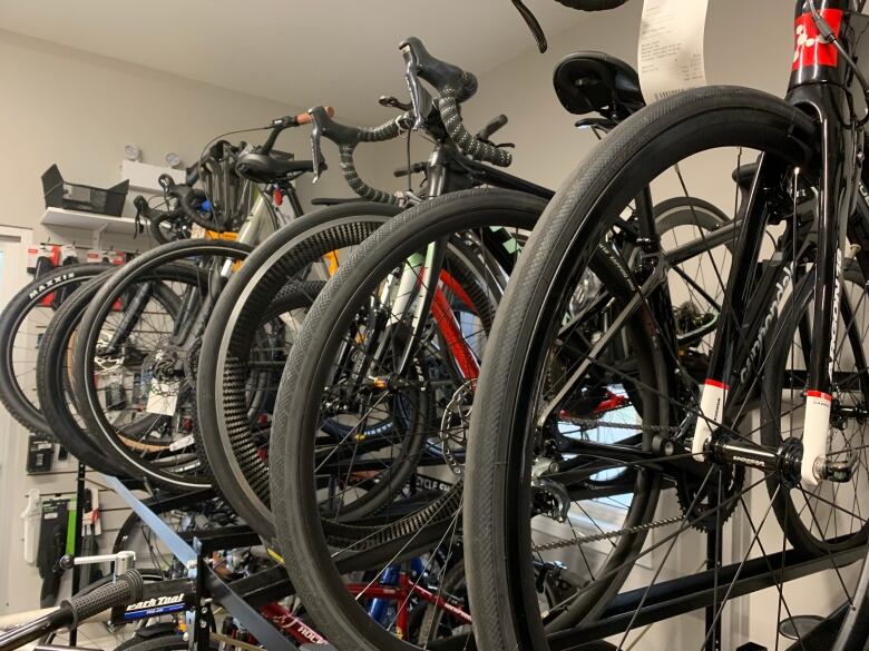 bikes on a wall 