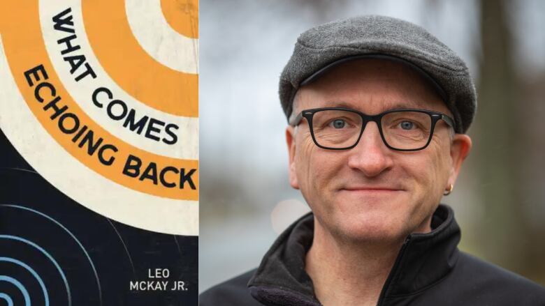 A composite photo of a book cover featuring yellow and white concentric circles with black text and the book's author, a man with short hair, glasses and a pageboy hat.