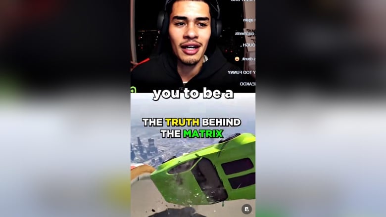 A man is shown on a TikTok screen. The screen is split horizontally down the  middle. Beneath him is a video game clip of a car crashing. 