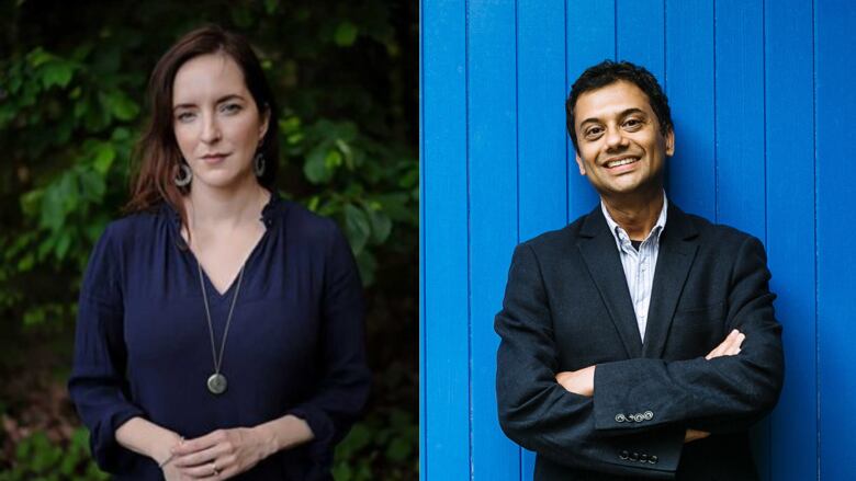 A composite photo of a brunette woman in a blue dress and a man with short dark hair in a blazer leaning against a blue wall.