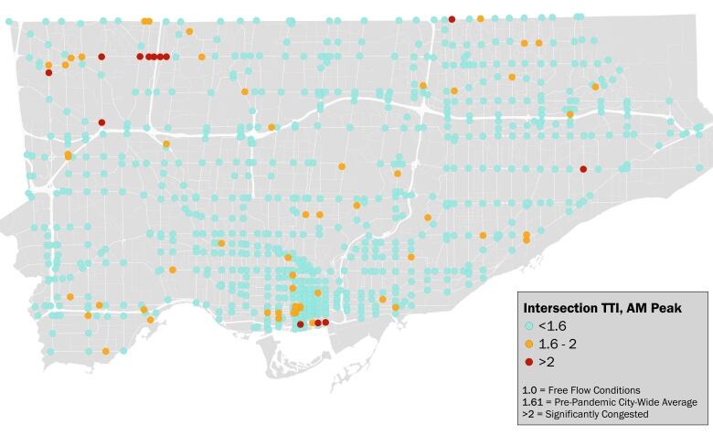 A map shows how traffic throughout the City of Toronto differs compared to the area, with the majority of the city uncongested, some of it congested on par with pre-pandemic averages, with the rest 