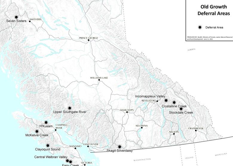 A map showing old-growth deferral areas.