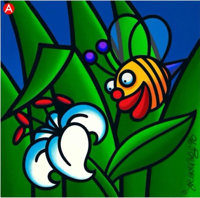 A cartoon-looking bee approaches a white flower amongst grass. 