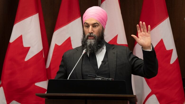 A man in a suit and a turban stands at a podium in front of a line of Canada flags