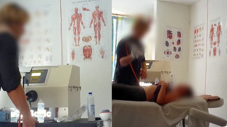 Hidden camera imagery of the room where procedures are performed at Wolfe's clinic. There are posters of  human anatomy on the walls, and an unidentified man is about to use a device, which looks similar to an ultrasound machine, on an unidentified patient's stomach.