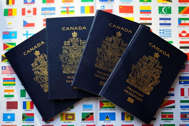 Canadian passports sit on a surface covered in pictures of various country flags.