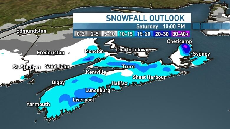 A map of Nova Scotia shows the different possible snowfall accumulation levels across the province.