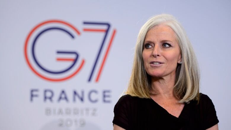 Canadian Ambassador to France Isabelle Hudon speaks to reporters during the G7 Summit in Biarritz, France on Saturday, Aug 24, 2019.