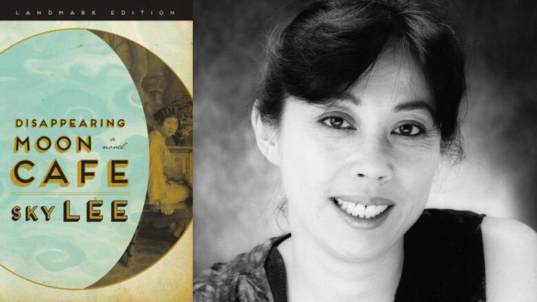 A black-and-white photo of a woman beside her book, Disappearing Moon Cafe.