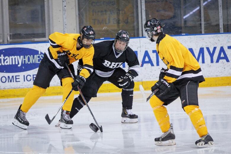 Members of the Blind Hockey League (BHL) play in the inaugural game, at the Mattamy Athletic Centre, in Toronto, on Jan. 20, 2023.