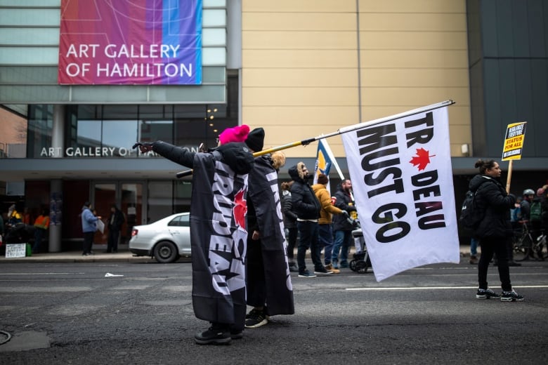 Protestors in the streets in Hamilton, Ontario. 