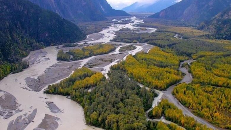 A braiding river winds through a mountain valley.