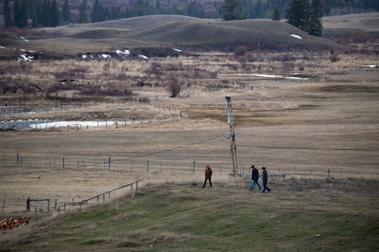 Three people walk across the top of a grassy hill on an overcast day.