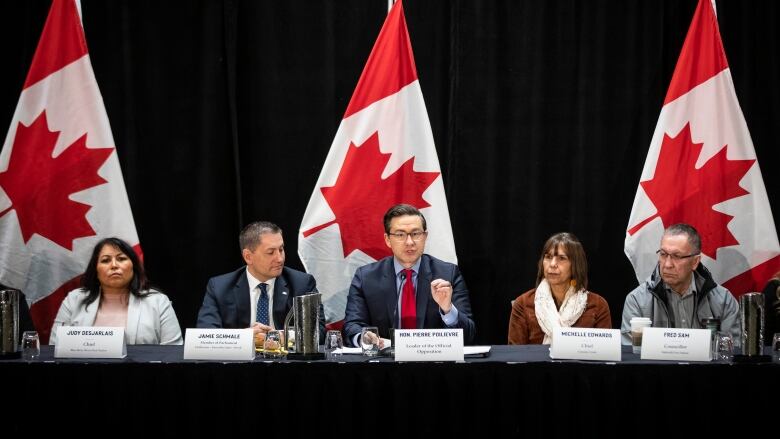 Five people sit at a long table facing an audience with three Canadian flags set up behind them.