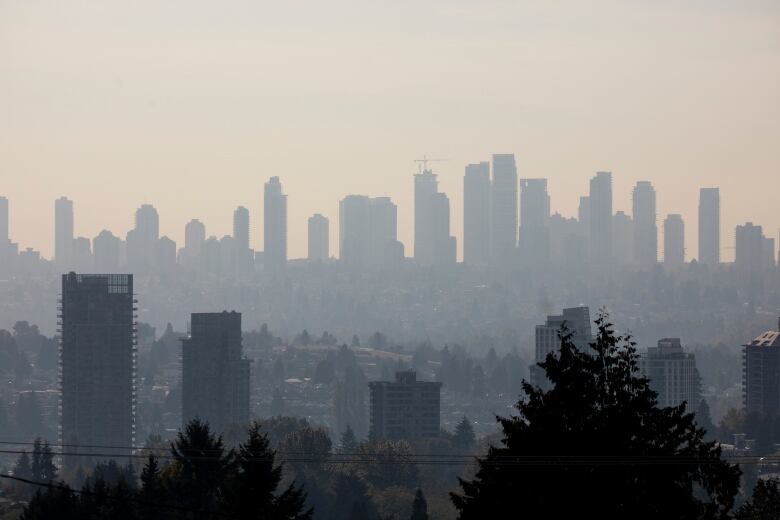 A skyline is seen through under grey skies, through smoky air.