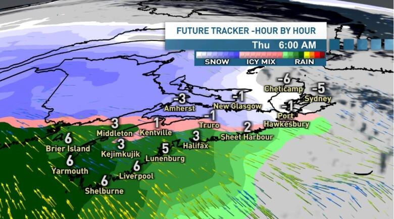 A map of Nova Scotia indicating snow and icy weather conditions in the north east parts of the province, including Cape Breton. The map shows rain for the rest of the province.