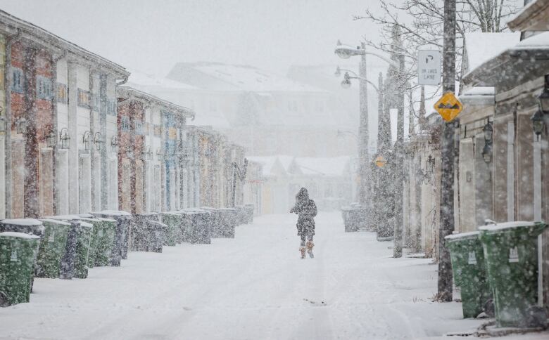 A Pedestrian makes her way through the beginnings of a significant snowstorm in Torontos Beaches neighbourhood on Jan. 25, 2023.