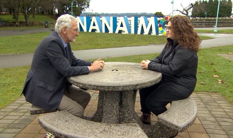 A man in a suit sits outside in a park across a stone picnic table from a woman with a large sign on the ground proclaiming Nanaimo in the background.