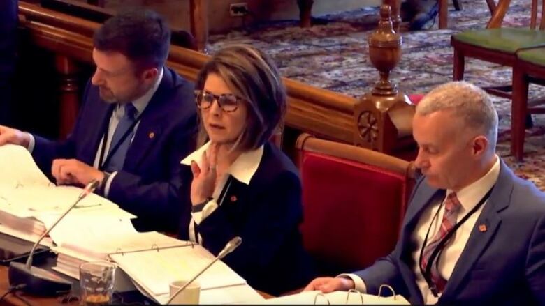 A man, left, sitting and looking at papers. A woman, centre, with her hand to her chin, speaking. A man, right, looking at a binder. All three have papers and microphones on the desk in front of them.