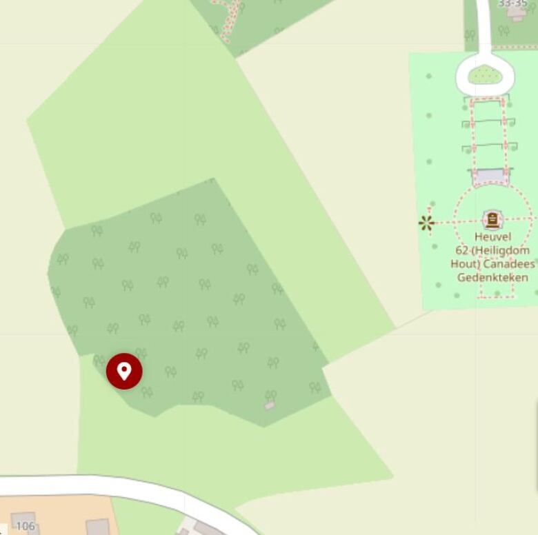 A close up of a map of Flanders, showing a section of forest, and a large red-brown dot marking DeLorey's gravesite.