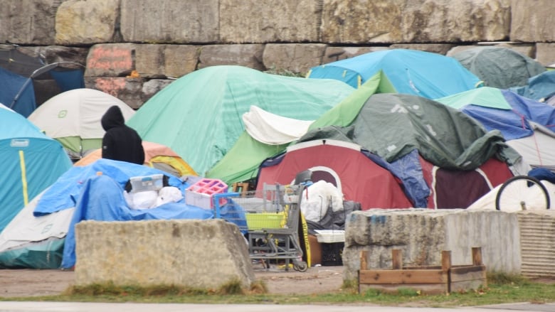 Tents on a vacant lot in October