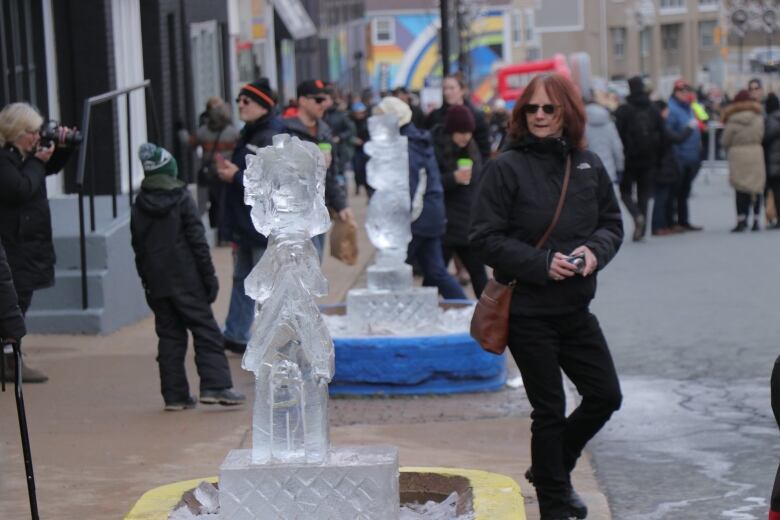 Ice sculptures  lined in front of restaurants