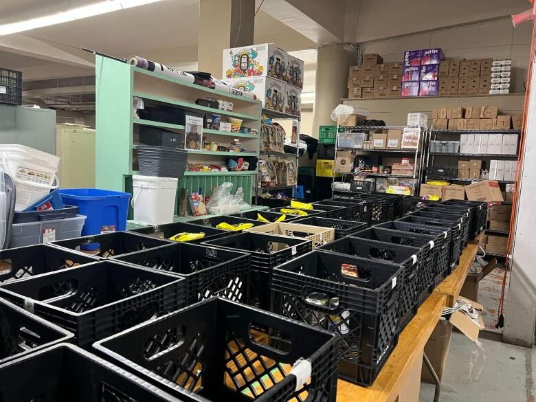 Crates and shelves at the food bank.