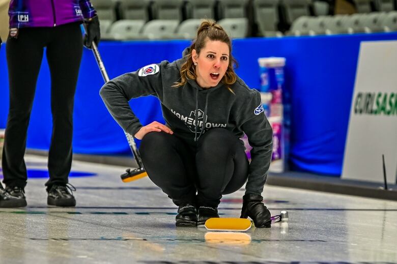 Robyn Silvernagle looks at her curling shot at the Scotties provincial tournament.