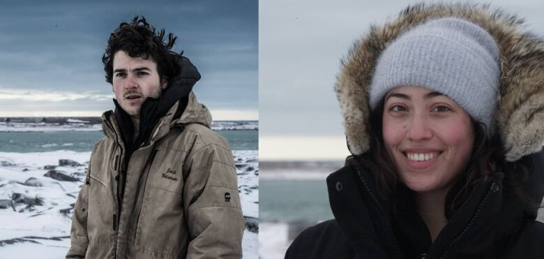 The headshots of two filmmakers. One man stands in a snow-covered landscape wearing an army green jacket. A woman smiles as she looks at the camera and wears a black jacket with fur trim.