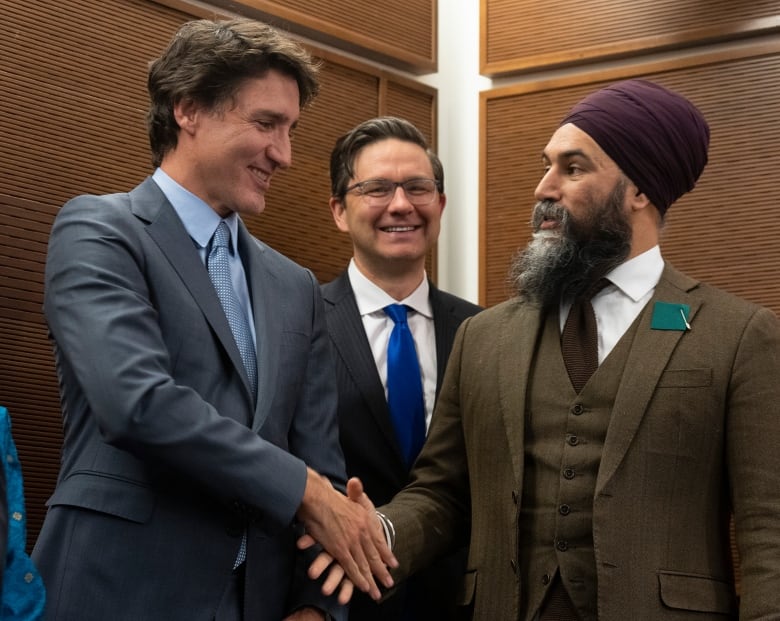 Two politicians shake hands while a third smiles in the background.