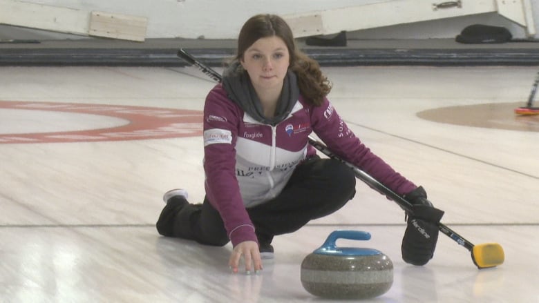 Makiya Noonan throws a rock at Cornwall Curling Club at a practise.