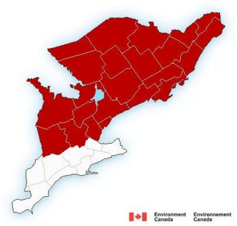 A colour-coded map of weather warnings in southern Ontario.