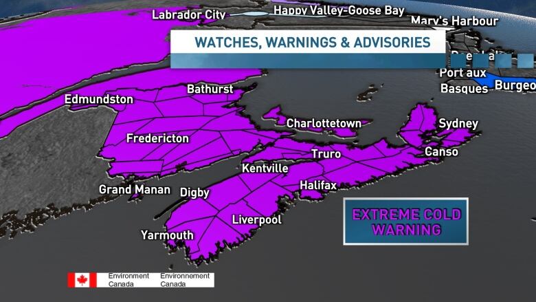 A map of Nova Scotia shaded in purple showing where there is an extreme cold alert in effect.