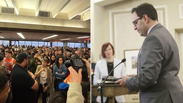 A collage is pictured. On the left, a woman stands in a large crowd of people. At right, a man wearing a suit stands at a podium.