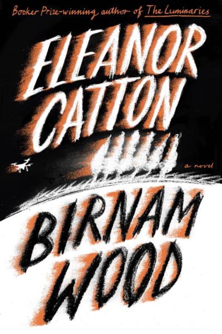 A stylized white, orange and black book cover featuring large text and a tree line.