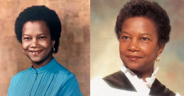 The same woman, smiling, shown twice, at each of her graduations.